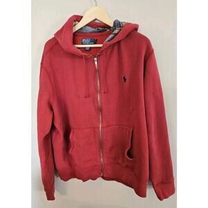 Red Polo Ralph Lauren XXL Full Zip Hoodie Sweatshirt Blue Pony Plaid Lined Hood
